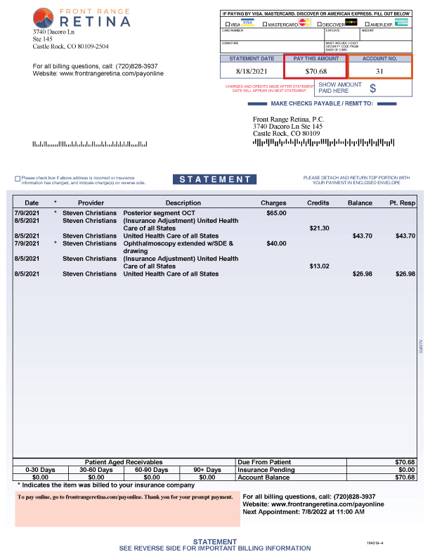 An example of a Front Range Retina bill