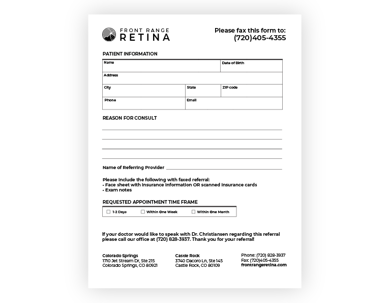 A image of the Front Range Retina form for sending referrals via fax